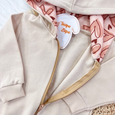 Conj. Jaqueta com Capuz e Calça de Moletom com Corações - Areia